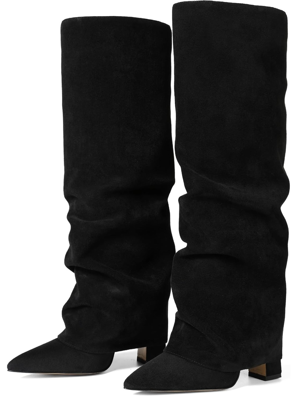 Women's Black Suede Fold Over Wide Calf Chunky Block Heel Shark Knee High Boot
